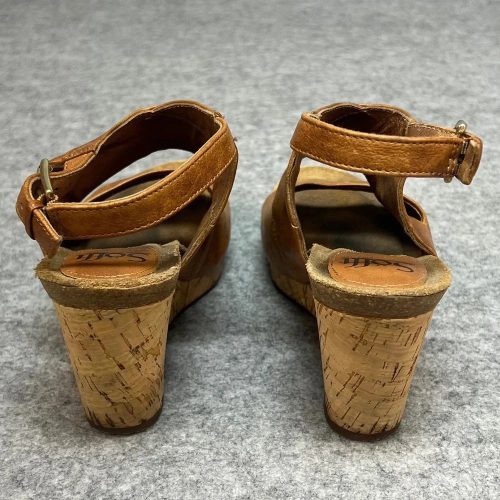 Sofft Women's Tan Brown Leather Cork Wedge Sandals Summer Size‎ 8M